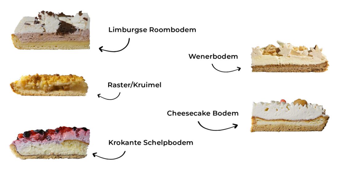 Assortiment van vlaaipunten op diverse bodems, waaronder Limburgse roombodem, Wenerbodem, kruimel, cheesecake en krokante schelpbodem, gepresenteerd om de veelzijdigheid en het ambacht van Supervlaai's vlaaien te tonen.